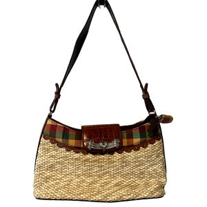 Mark Chantal VTG Straw Tote Bag w/ Leather Accents Plaid Detail Purse Handbag